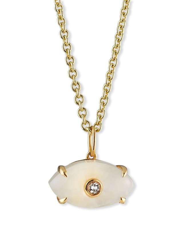 Carved Rainbow Moonstone and Diamond Evil Eye Charm Necklace
